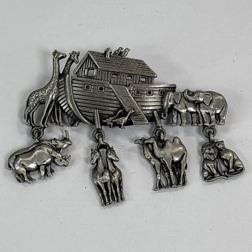 Vintage JJ JONETTE Pewter Noahs Ark Brooch Dangling Animal Charms Lapel Pin 3"